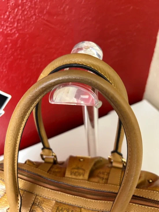 MCM Cognac Logo Visetos Barrel Satchel with Gold Plaque - Picture 4 of 14